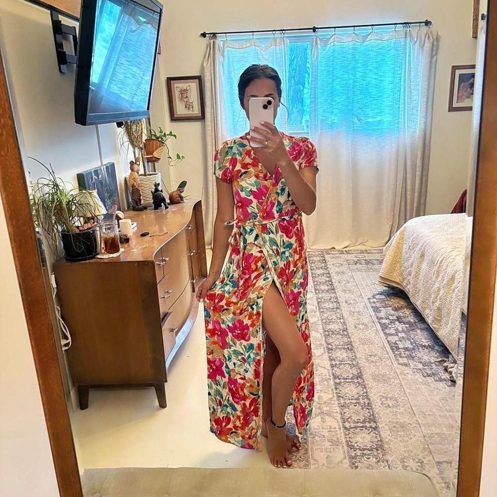 VICI Floral Wrap Maxi Dress Short Sleeve Pink Orange Teal Small